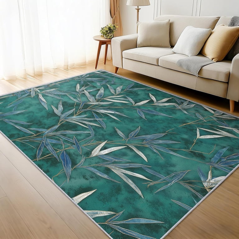 Bamboo Leaf Area Rugs, Green Botanical Plant Pattern Carpet, Washable ...