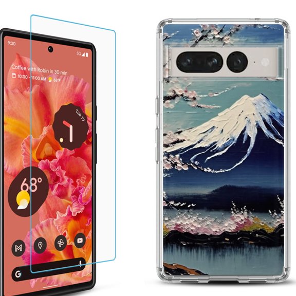 Shockproof Bumper Phone Case for Google Pixel 7, with Tempered Glass Screen Protector, by OneToughShield ® - Fuji Blossom