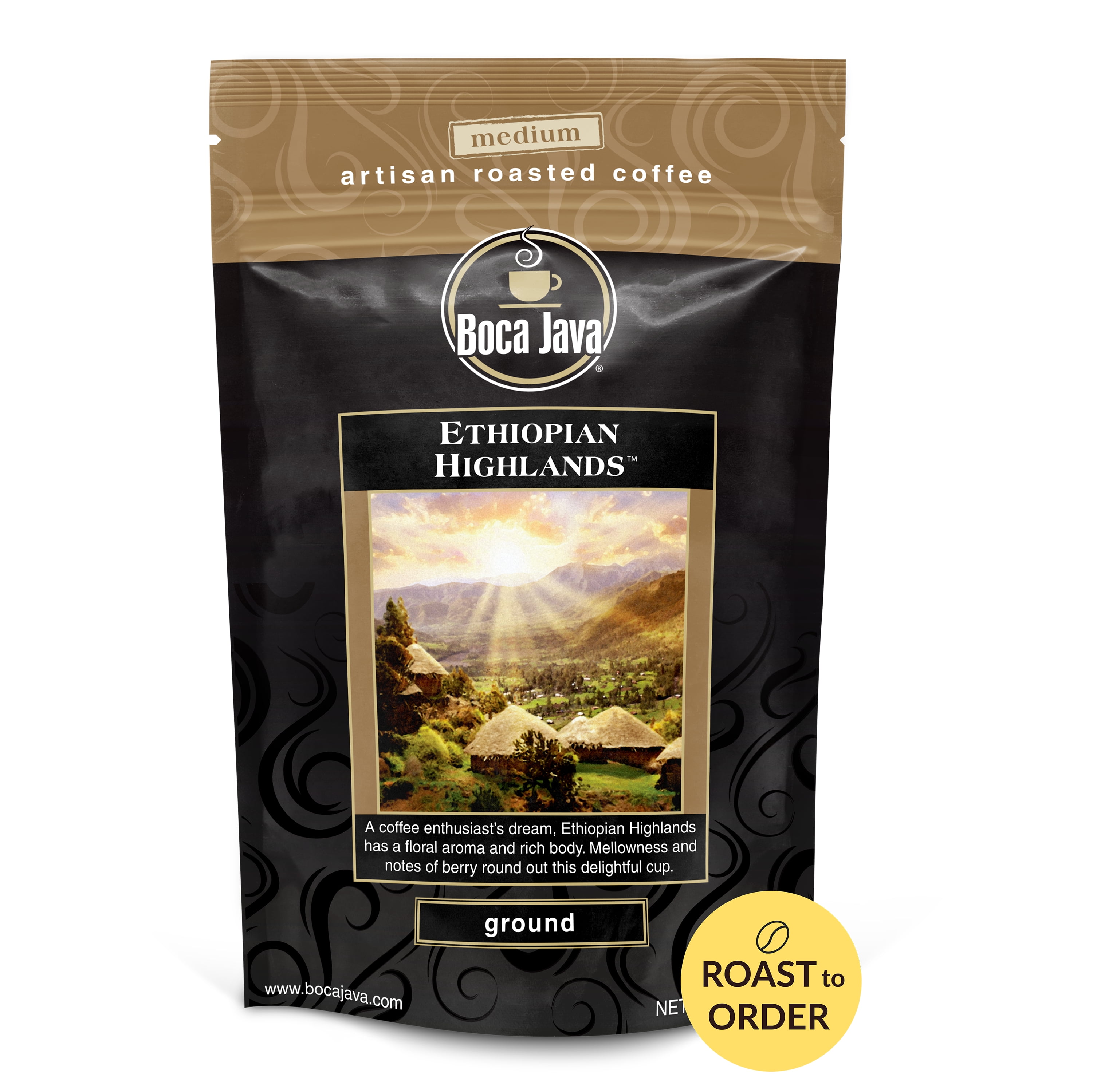 Boca Java Ethiopian Highlands Single Origin Ground Coffee, Medium Roast, 8 oz. Bag, 100% Arabica, Roast to Order