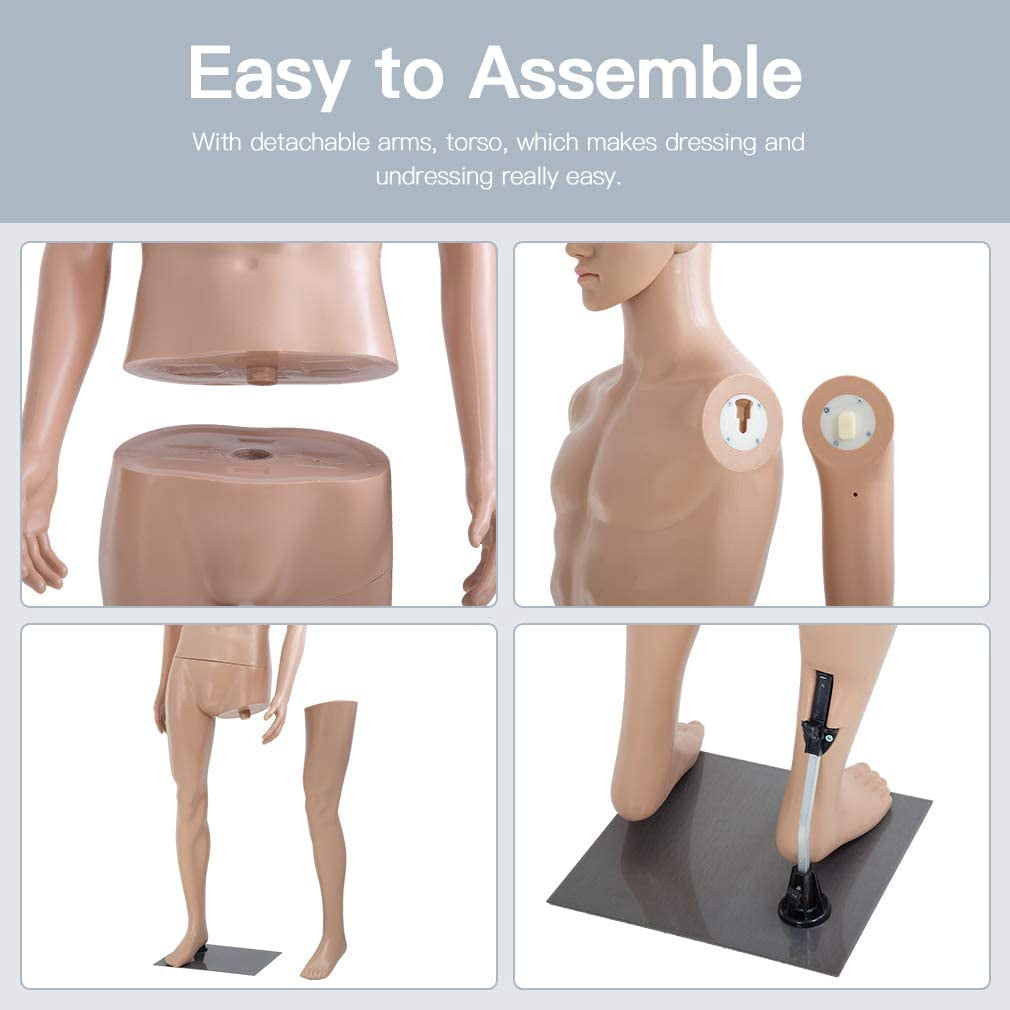 Male Sewing Mannequin Polyethylene (PE) Full Body Retail 73 inches Mannequin Material Mannequin Torso Detachable Stand Head Arm Rotation Metal Base for Display Clothing