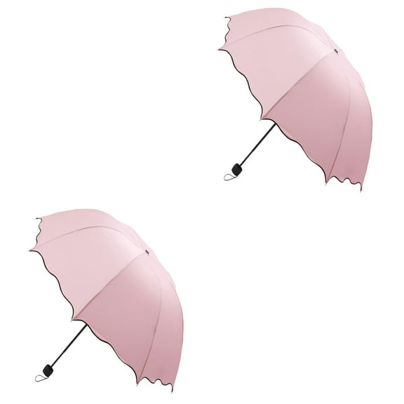 WORGEOUS 2pcs Triple Folding Dome Ruffled Parasol Sun Rain Umbrella Anti-UV Parasol (Pink)