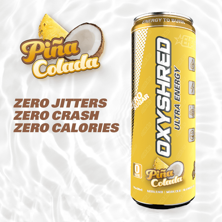 EHPlabs OxyShred Ultra Energy Drink - Performance Carbonated Energy Drink  with Zero Sugar, Carbs & Calories, 100% Natural, Pina Colada (12-Pack) 
