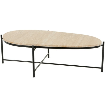 DecMode 45" x 13" Beige Marble Oval Coffee Table with Black Metal Support, 1-Piece