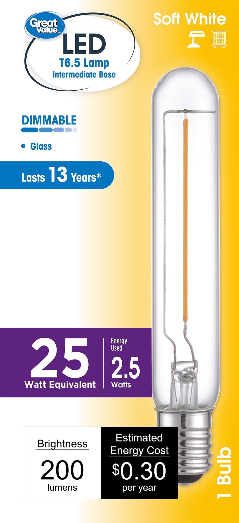 (2 pack) Great Value T6.5 LED Tubular Bulb, 2.5-Watt (25W Equivalent) Dimmable Soft White E17 Base , 1 Pack