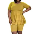 thumbnail image 1 of Conjunto de pantalones informales con parte superior plisada y cuello redondo de Color liso de manga corta de Color liso a la moda de verano para mujer Wmkox8yi  bvn1377, 1 of 4