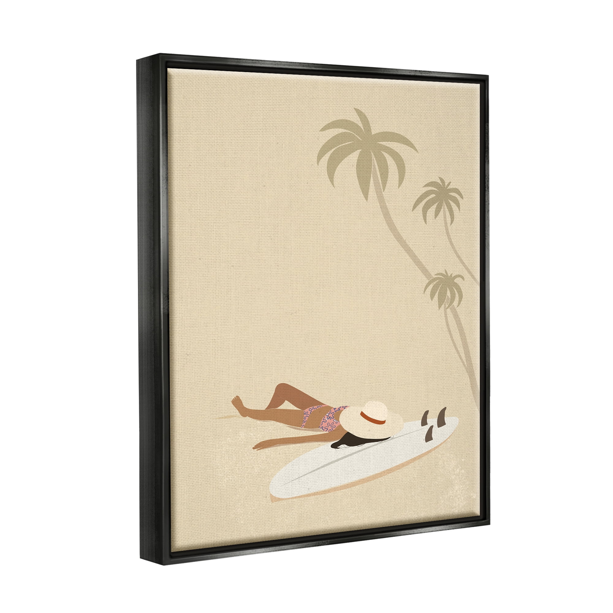 Stupell Industries Beige Summer Sunbathing Girl Coastal Painting Black Floater Framed Art Print Wall Art
