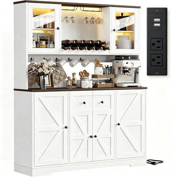 Winkalon 68'' Tall Kitchen Pantry Cabinet with Charging Station and LED Light, Freestanding Buffet Storage Cabinet with Glass Doors and Adjustable Shelves for Dining Room, White