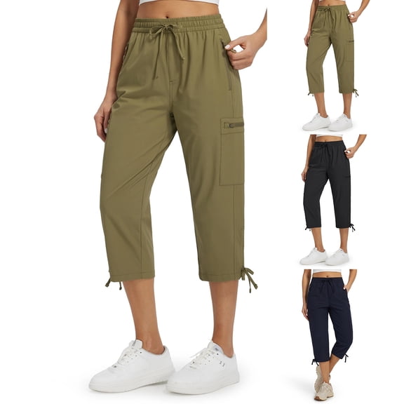 Women's Hiking Capri Pants Quick Dry Cargo Pockets Pants Lightweight Cropped Summer Pant for Travel Casual Army Green M
