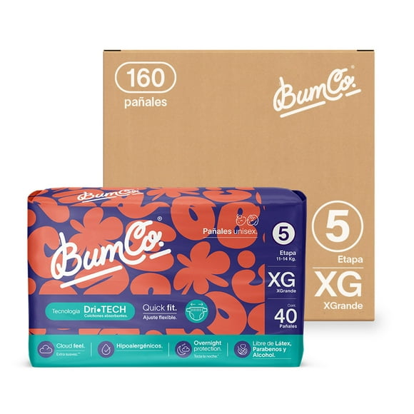 Bum Co.| Pañal desechable para bebé, Etapa 5, XG (11 a 14 kg), Unisex, Caja con 160 pz | Overnight Protection, Cloud Feel, Hipoalergénicos, Dri-Tech