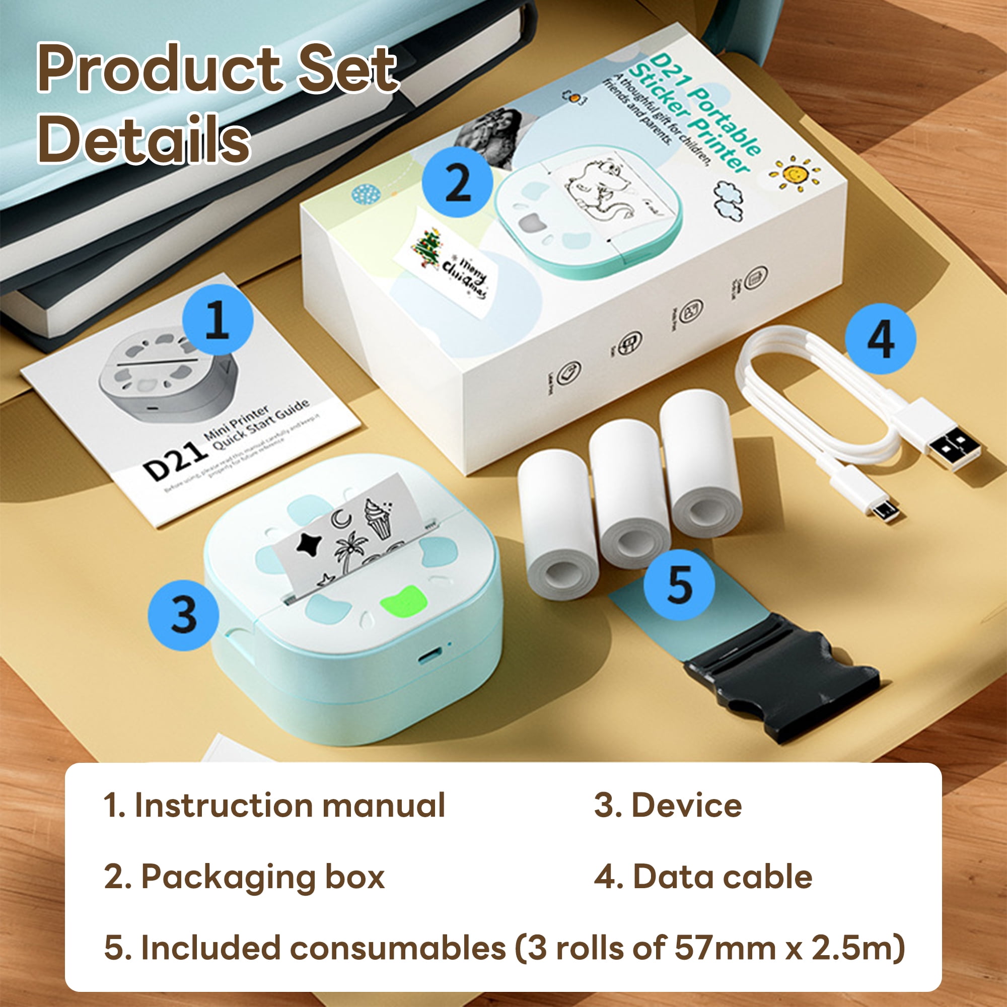 Pecham Sticker Printer, Portable Bluetooth Inkless Thermal Mini Printer with 3 Rolls for Notes, Gifts, Journals, Planners, Scrapbooking