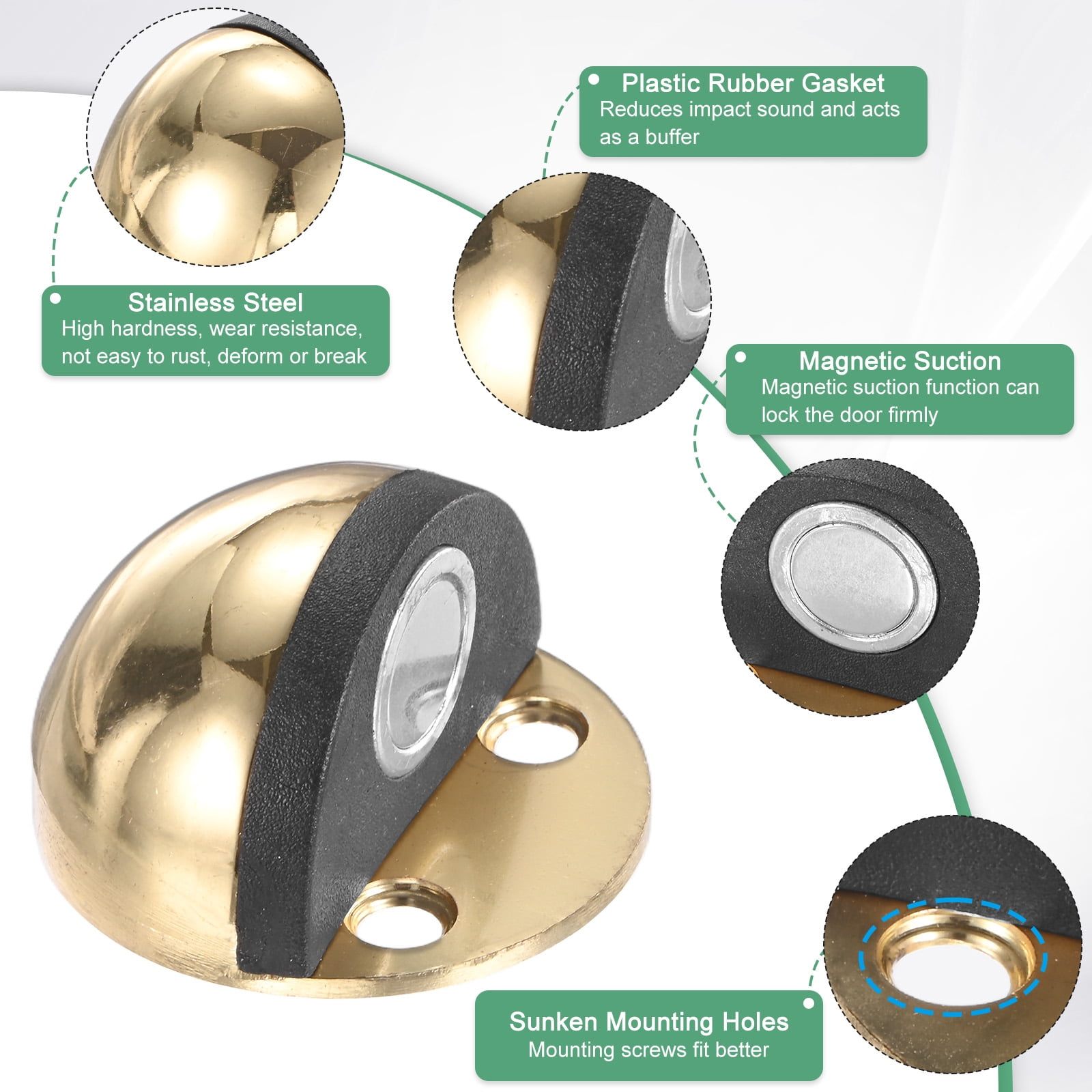 Uxcell 4-Pack Floor Mounted Door Stops, Stainless Steel Half Dome Magnetic Gate Stopper with Plastic Rubber Bumper [Gold Tone]