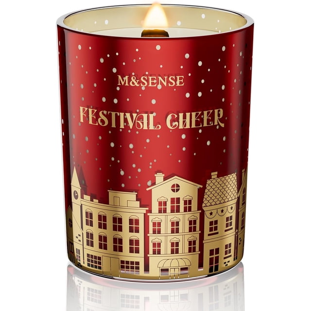 M&SENSE Festival Cheer - Apple & Sandalwood Scented Candle, 18oz Natural Soy Wax, 100 Hours Long Lasting Wooden Wick Candle, Aromatherapy Candle for Housewarming, Holiday Scented Gift