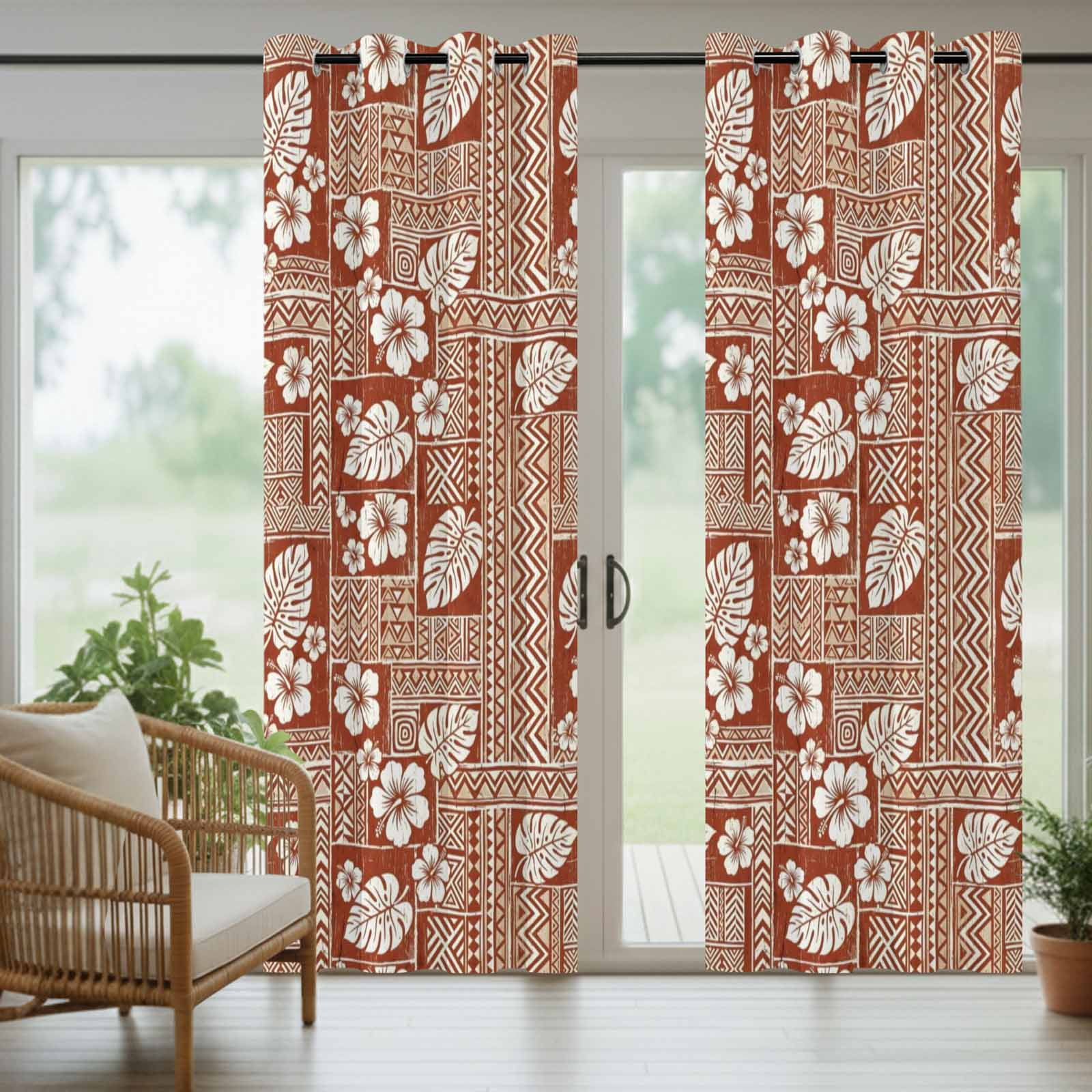 Tropical Blooms Outdoor Curtains for Patio, Summer Vintage Floral Brown Plaid Farmhouse Sunshade Privacy Drapes Grommet Waterproof Outside Curtains for Porch/Cabana/Balcony 54"x 108", 1 Panel
