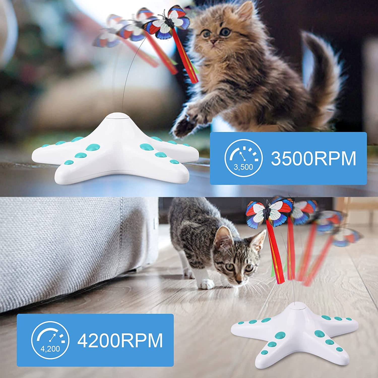 Interactive Cat Toy, 360 Degree Rotating Automatic Toys for Indoor Cats, Electronic Butterfly Cat Toy with Sensor Switch,Blue