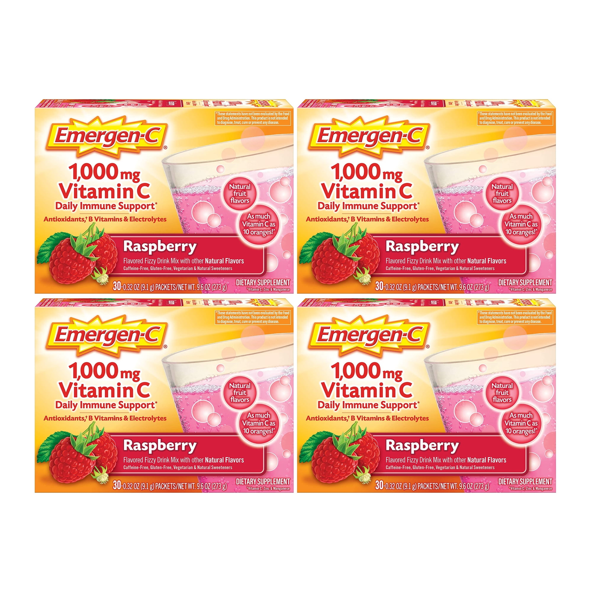 Alacer Emergen-C Fizzy Drink Mix Raspberry - 1000 mg - 30 Packets ( 4 Pack )