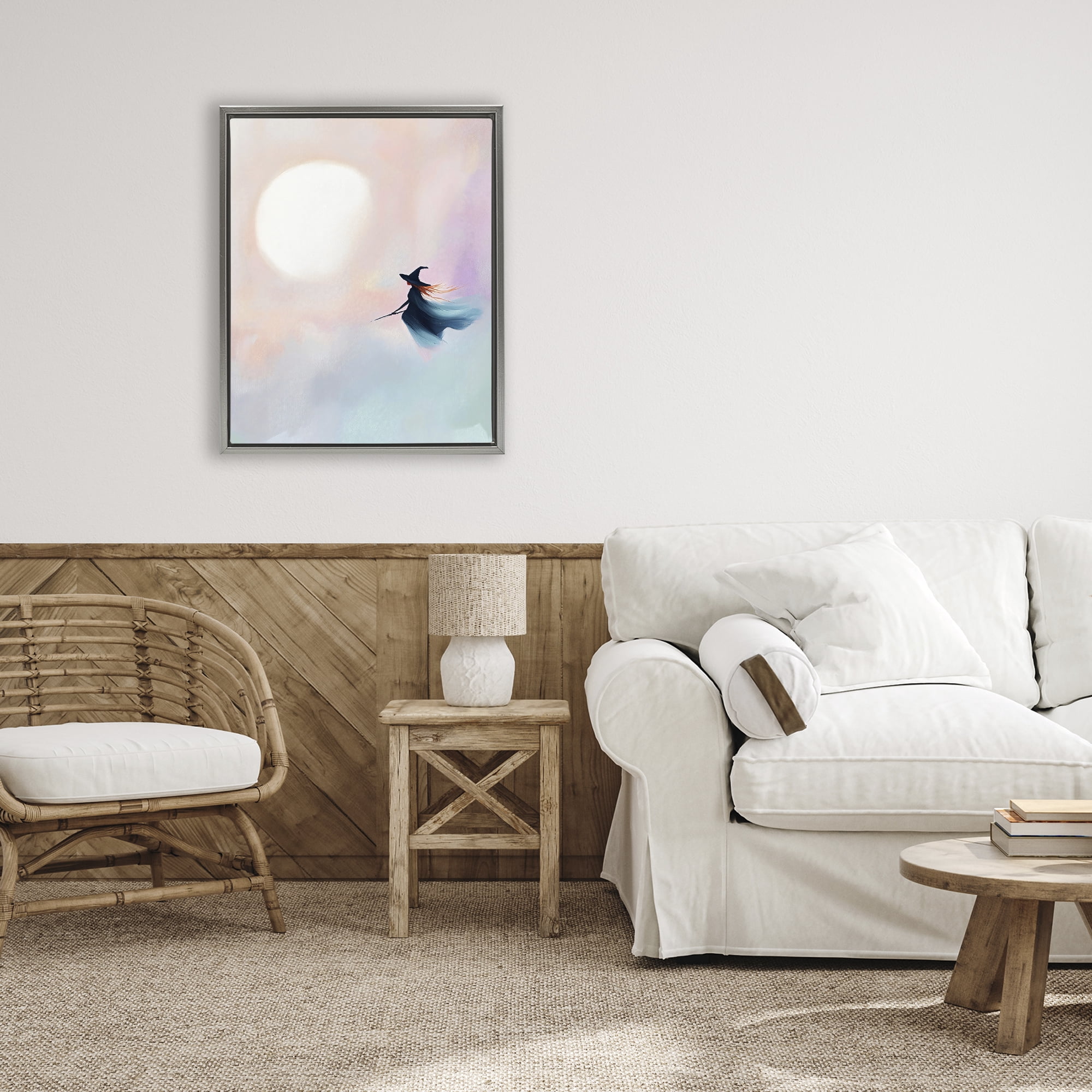 Stupell Industries Witch Flying at Sunset Gray Framed Floater Canvas Wall Art, design by The Prints Vibe