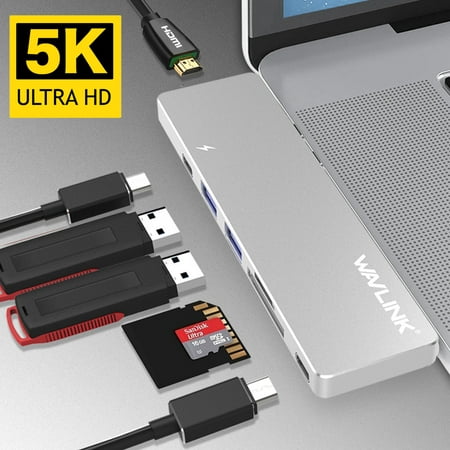 Wavlink USB-C Hub Thunderbolt 3 Type C Adapter for Macbook Pro 2016/2017/2018/2019 13&15, Best dock- 5K@60Hz 40GbS TB3, Pass-Through Charging, USB-C data port, 2 USB 3.0, SD / Micro SD Card
