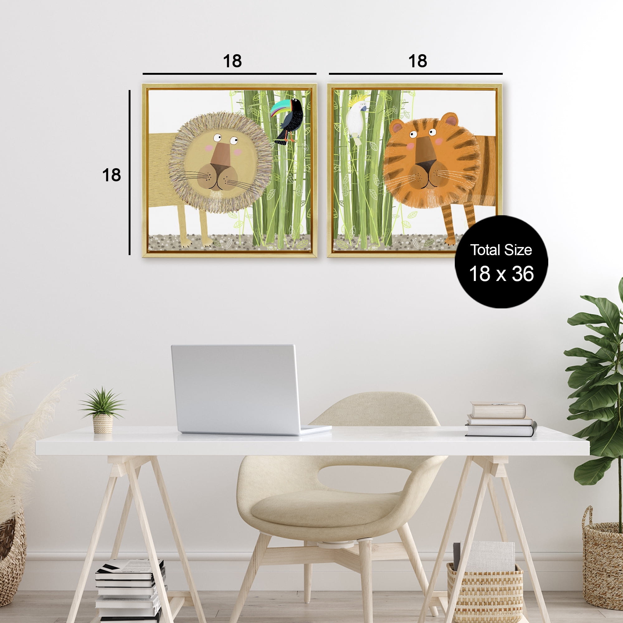 Stupell Industries Bamboo Trees & Animals 2 Piece Gold Framed Floater Canvas Set, design by Carla Daly