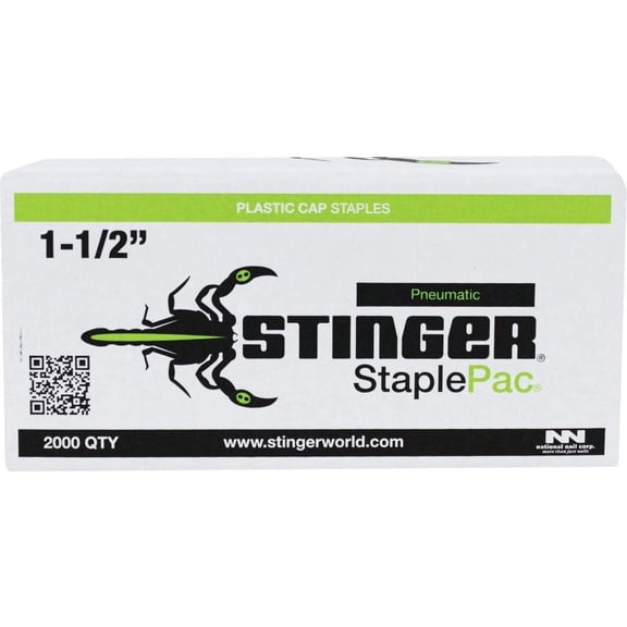 Cap Staples, 1-1/2" StaplePac, 1" Caps, 7/16" Crown Staples 18ga (2000 ct), for use with CS150B Pneumatic Cap Stapler, STINGER 0136094