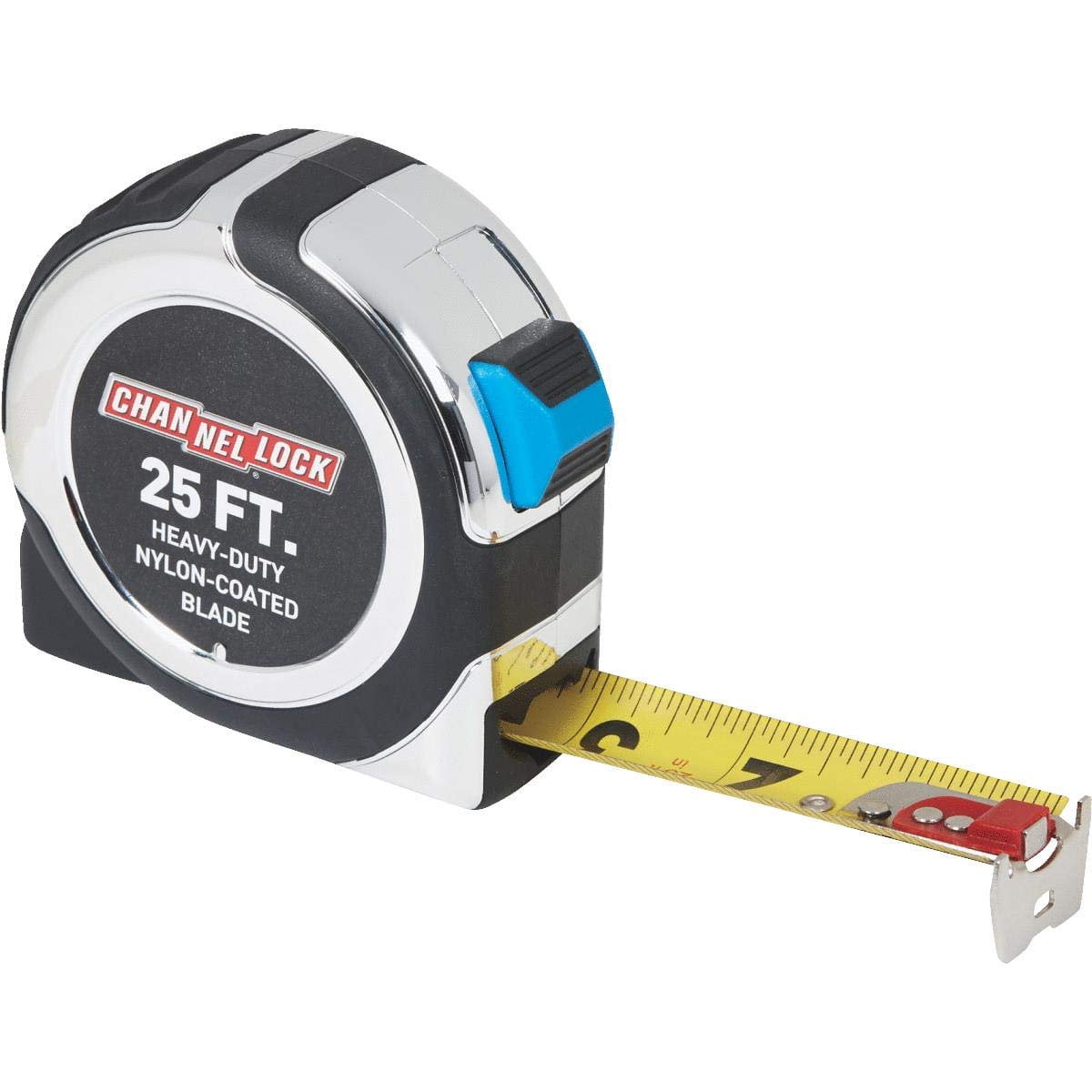 Channellock Professional Tape Measure, 25', Two-Toned, Push-Button Lock, Nylon Blade, Metal Case