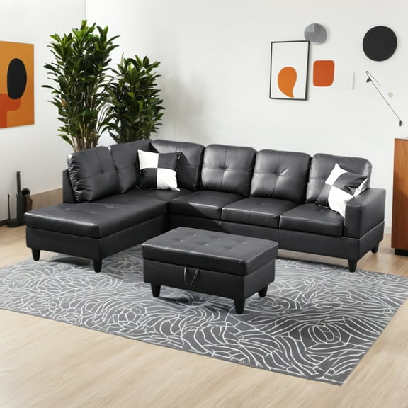 Homeora 3-Piece Piece Couch Living Room,Faux Leather Sofa Set,Faux Leather Sofa Set,L-Shaped Sectional Sofa,Right Facing Chaise Couch Living Room,Black