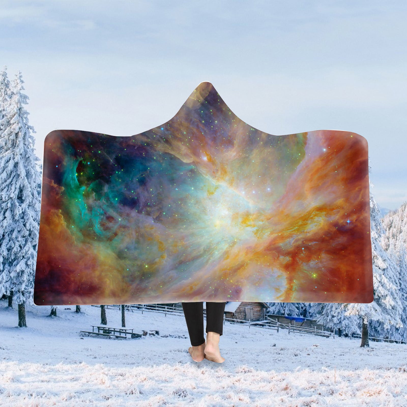 Winter Wearable Blanket Fleece Hooded Robe Cloak Throw Quilt Poncho