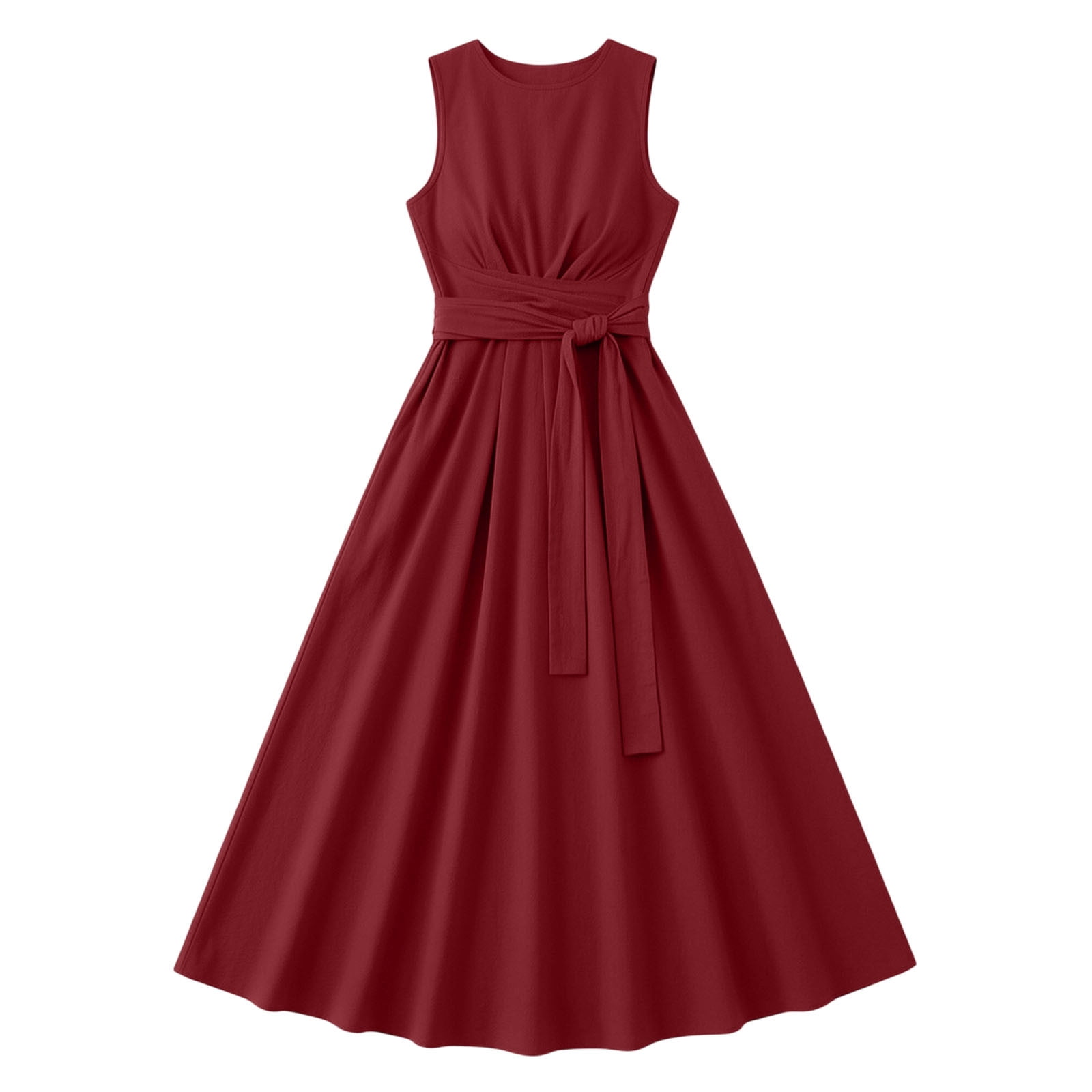 JOANKDMI Elegant Dresses for Women Maxi Sleeveless Crewneck Solid Wrap Tie Belted Waist Flowy Pleated A-Line Flattering Business Work Office Attire Chic Casual Everyday Long Sundress