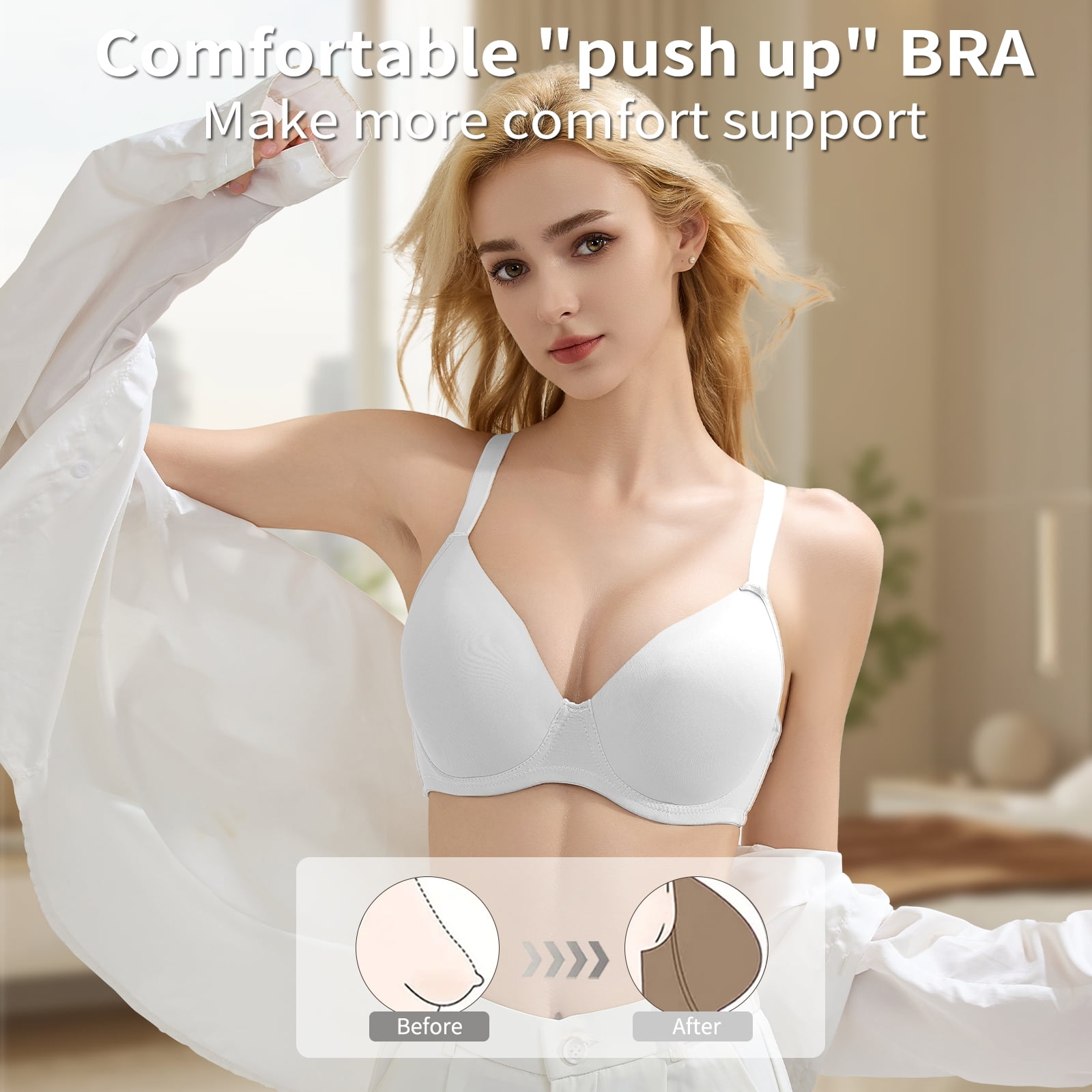 6PC Pack Women Push Up Bra Everyday Underwear Comfortable Lingerie Bralette with Support Anti-Sag-Size80D/36D