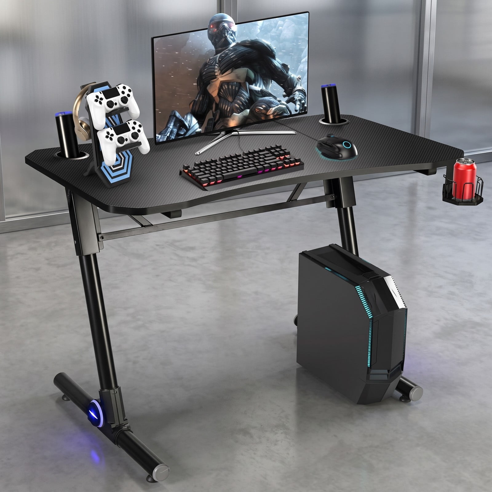 Furnibear 43.5 Inch Gaming Desk with Blue LED Lights, Height Adjustable Ergonomic Computer Desk with Cup Holder and Headphone Hook, Carbon Fiber Textured PC, Black