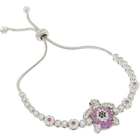 Pori Jewelers Pink CZ Sterling Silver Turtle Friendship Bolo Adjustable Bracelet