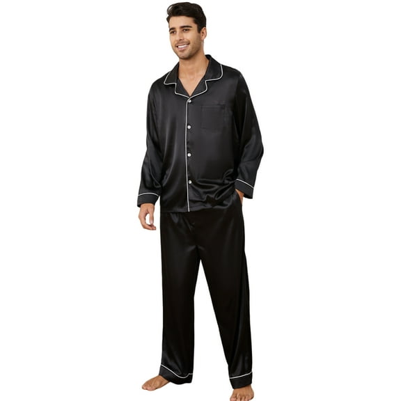 Vulcanodon Mens Silk Pajamas Set, Long Sleeve Satin Pajamas for Men Sleepwear Button Down Pjs Set Two-piece(Black, Large)