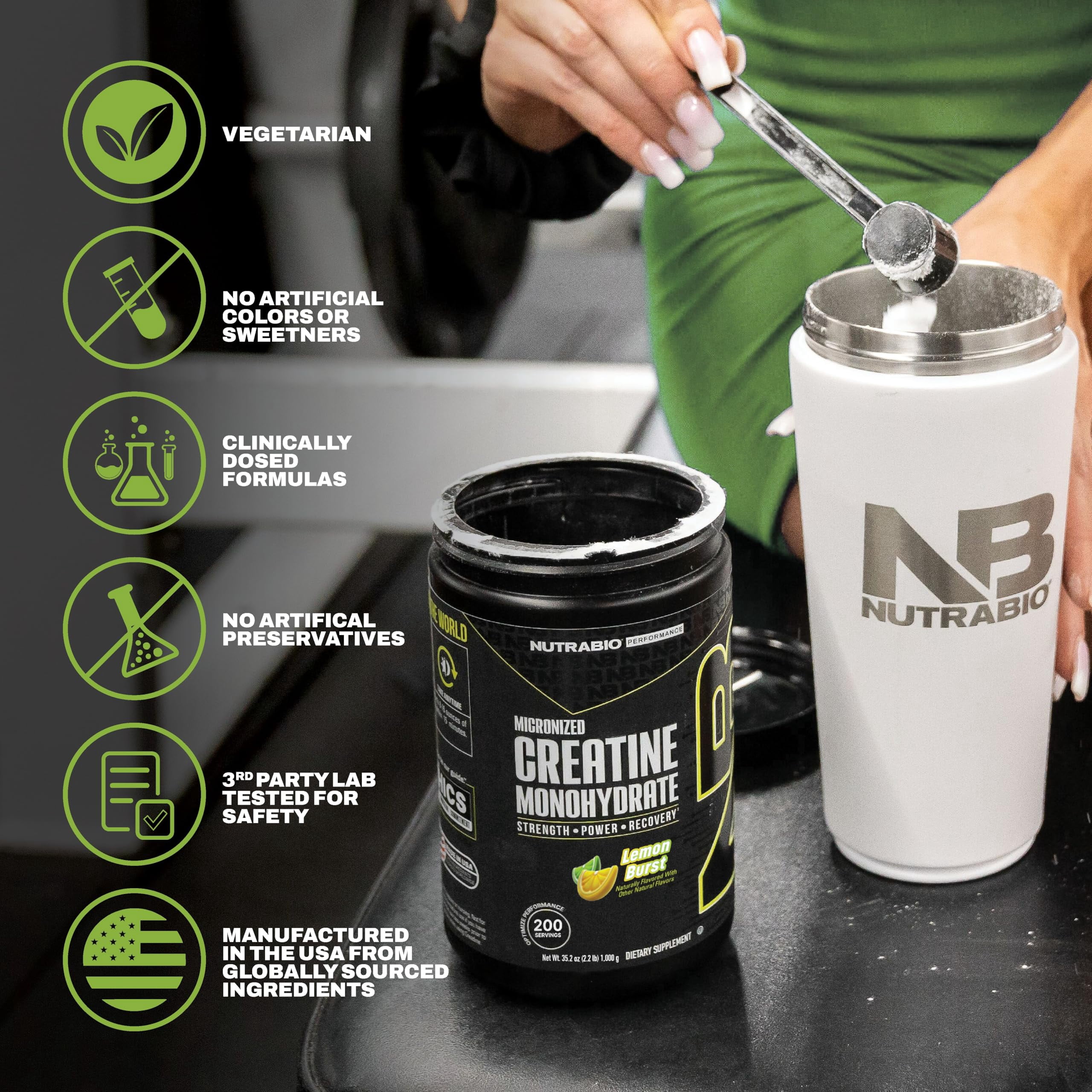 NutraBio Pure Creatine Monohydrate Powder Supplement, Lemon Burst, (300 g) - Supports Bulk Muscle Energy, Recovery, and Strength - HPLC Tested Pure Grade Creatine Powder Supplement for Men and Women