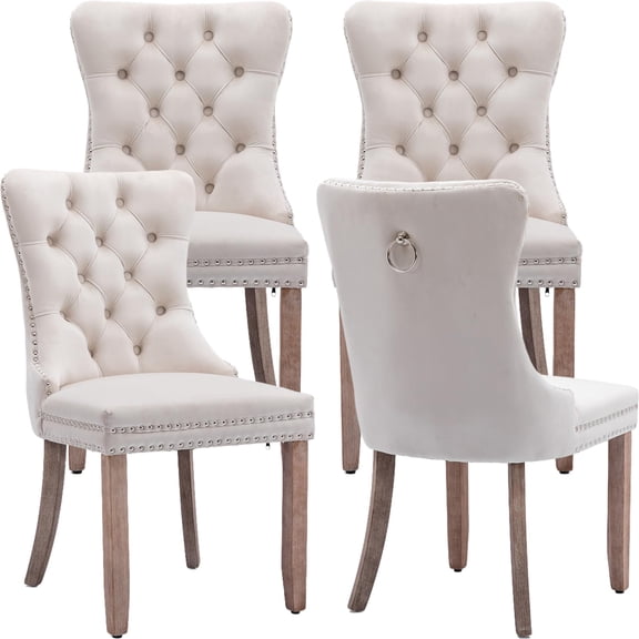Beige Velvet Dining Chairs, Set of 4, Mid Century Modern Kitchen & Dining Room Chairs, High Wing Back, Tufted Fabric Upholstered, Wood Frame