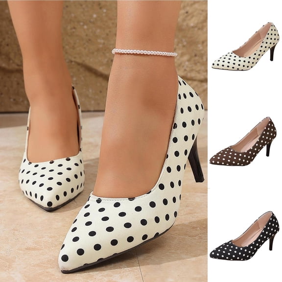 Miluxas Women Polka Dot Stiletto Low Mid Heel Pumps Solid Closed Round Toe Heeled Ladies office Classic Dress Shoes White 9(43)