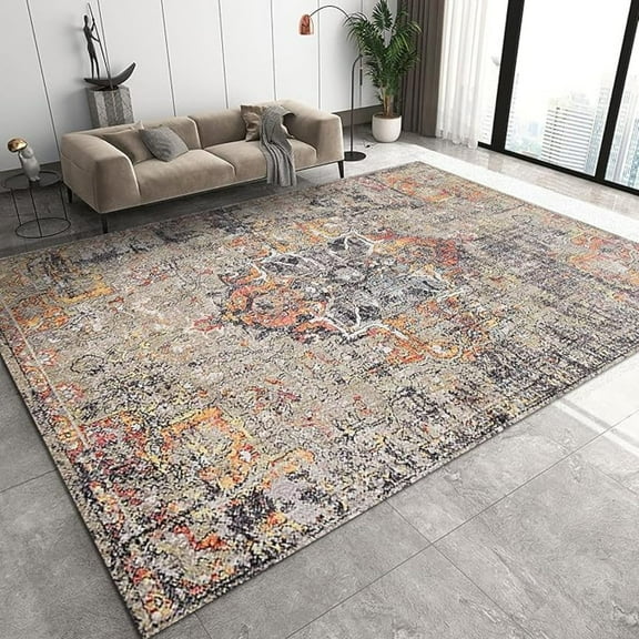 Boho Style Decorative Area Rug, Vintage Distressed Non Slip Bedroom Rug, Machine Washable Carpet For Indoor Living Room Office Decor Mat 5x8ft