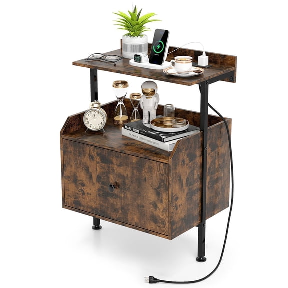 Giantex Nightstand w/LED Lights & Charging Station, Bedside Table w/Storage Shelves, Brown