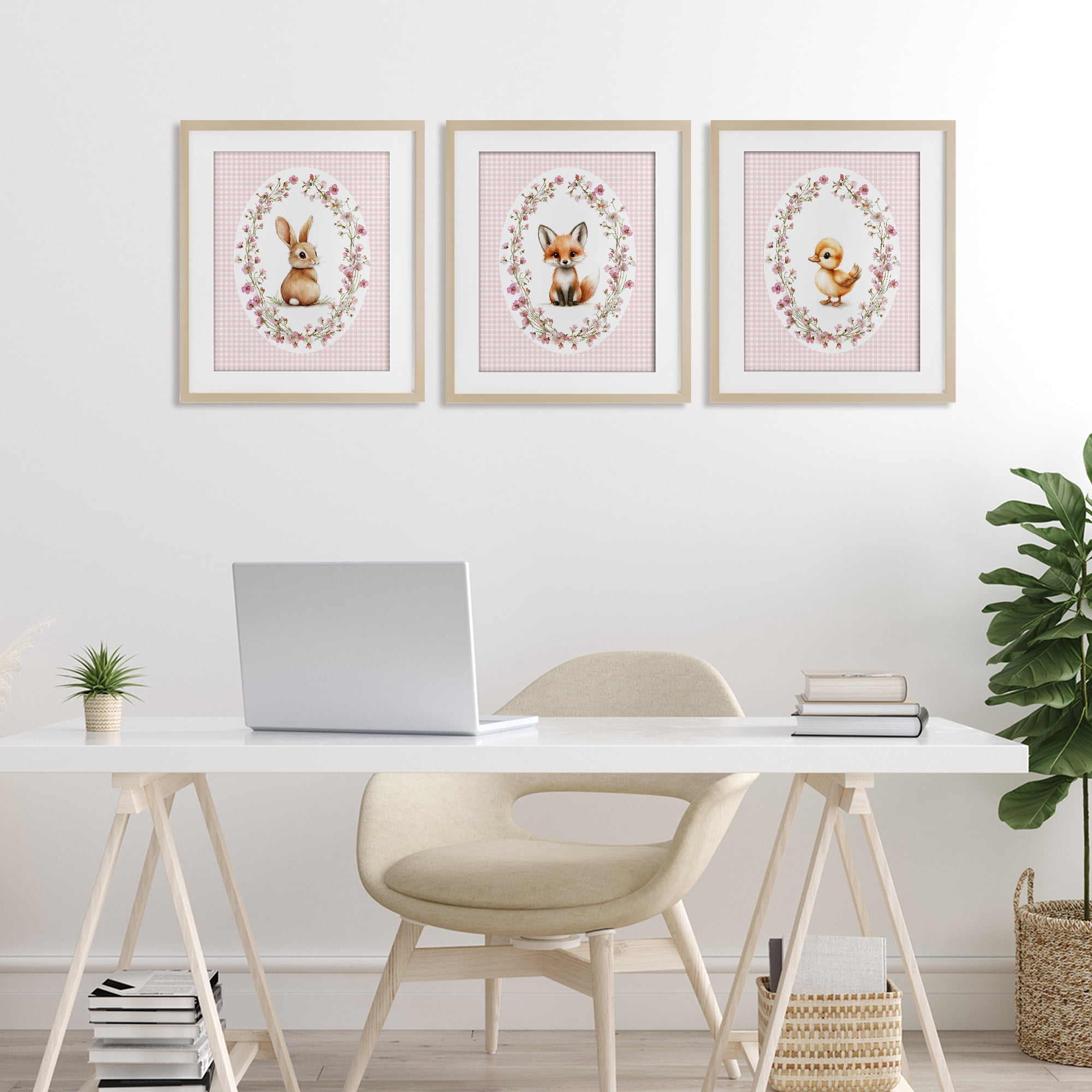Stupell Industries Spring Gingham Animals 3 Piece Birch Framed Print Under Glass Set, design by Christine Simpson Art