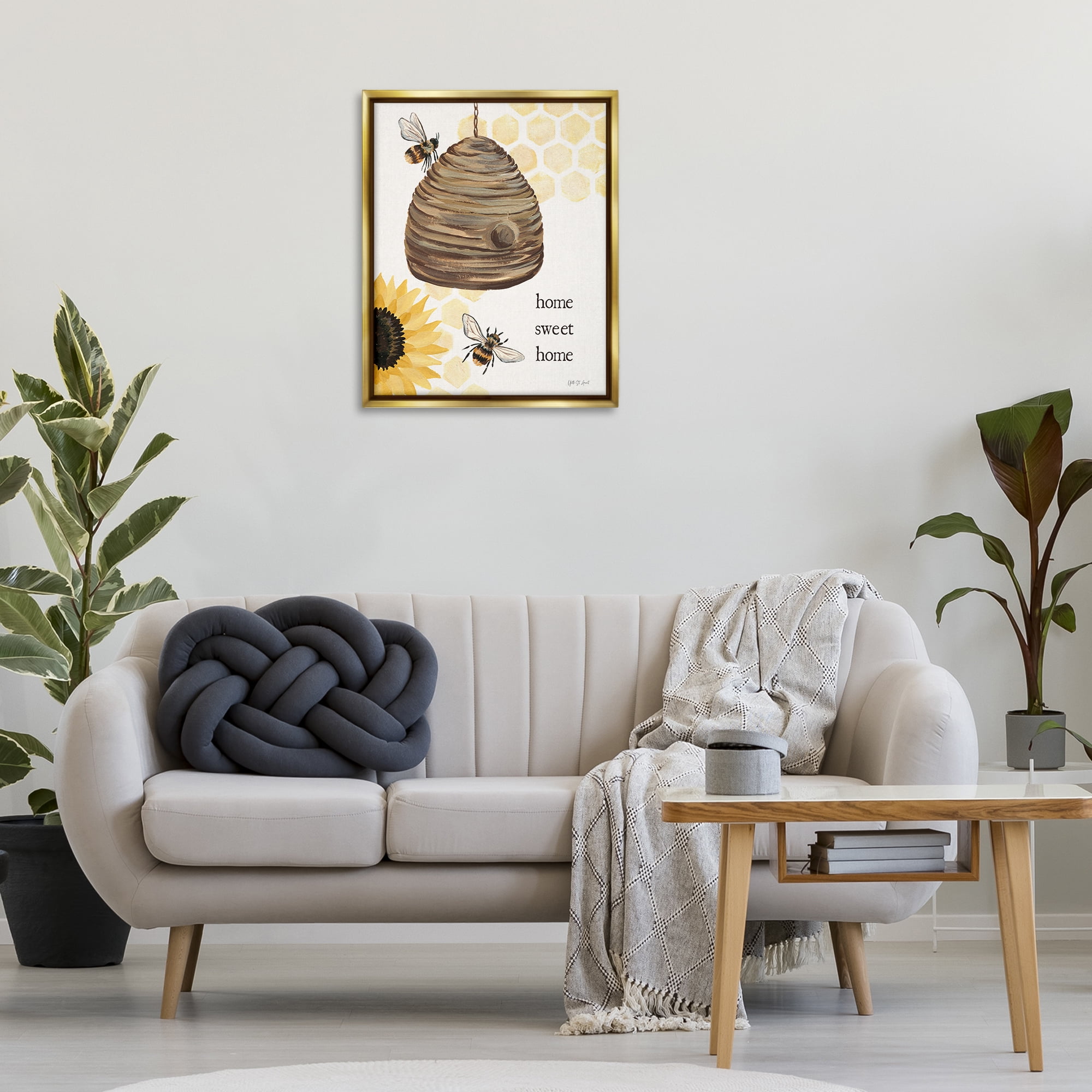 Stupell Industries Sweet Home on Honeycomb Botanical & Floral Painting Gold Floater Framed Canvas Art Print Wall Art, 25 x 31
