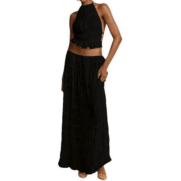 Conjunto de Dos Piezas de Falda Larga para Mujer, con Cuello Halter, Espalda Descubierta y Falda Larga para Salir en la Playa. Conjunto de Dos Piezas. Negro XXL