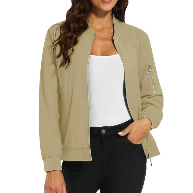 Duoif Veste pour Femmes, Veste Décontractée à Fermeture Éclair avec Poches, Khaki TTG