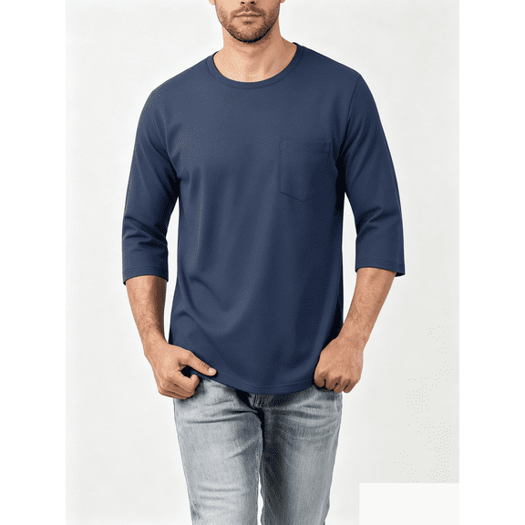 Atkumj Mens T Shirts Crewneck with Chest Pockets Versatile Solid Color Full T Shirts Casual Mens 3/4 Length Sleeve Tops S
