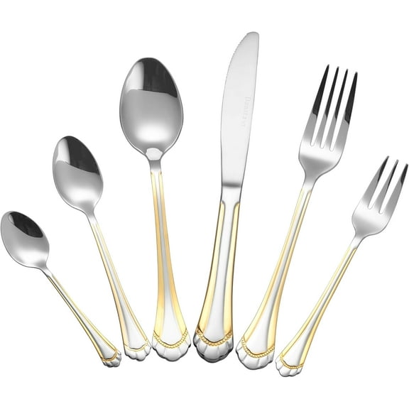 86-Piece Stainless Steel and Gold Flatware Set for 12 - Heavyweight 18/10 Silverware, Ornate Gold