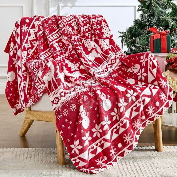 Christmas Blanket Soft Cozy Fleece Throws with Snowman Snowflake Reindeer and Xmas Trees Print, Fuzzy Warm Christmas Throw Blanket for Couch Bed Holiday Decorations Gifts 50"x60" (Red)