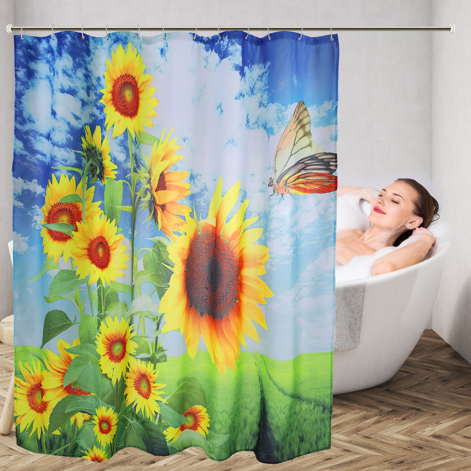 Bathroom Waterproof Fabric Shower Curtain Set Sunset Scene House Mountain Flower 