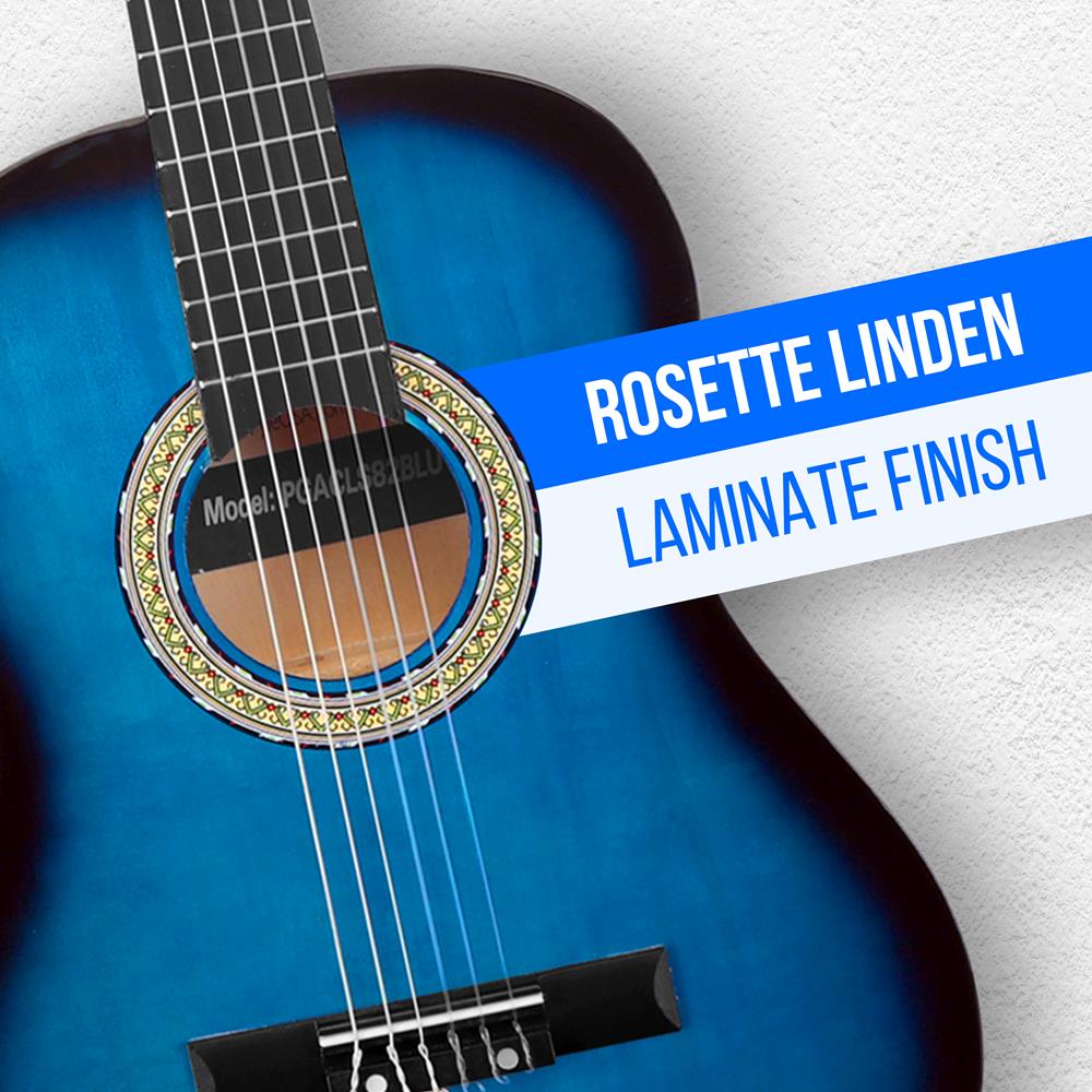 Beginner Classical Acoustic Guitar - 3/4 Junior Size 6 String Linden Wood Guitar w/ Gig Bag, Tuner, Nylon Strings, Picks, Strap, For Beginners, Adults - Pyle PGACLS82BLU (Blu
