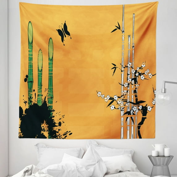 Chinese Art Tapestry, Asian Background Bamboo Sticks Nature Landscape Illustration, Fabric Wall Hanging Decor for Bedroom Living Room Dorm, 5 Sizes, Pale Orange Green and White, by Ambesonne
