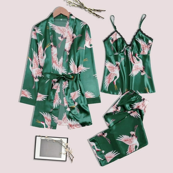 Satin Silk Pajamas Set For Women 3 Piece Set Cami Top Pjs With Pants And Robe Luxury Sleepwear Loungewear Green L