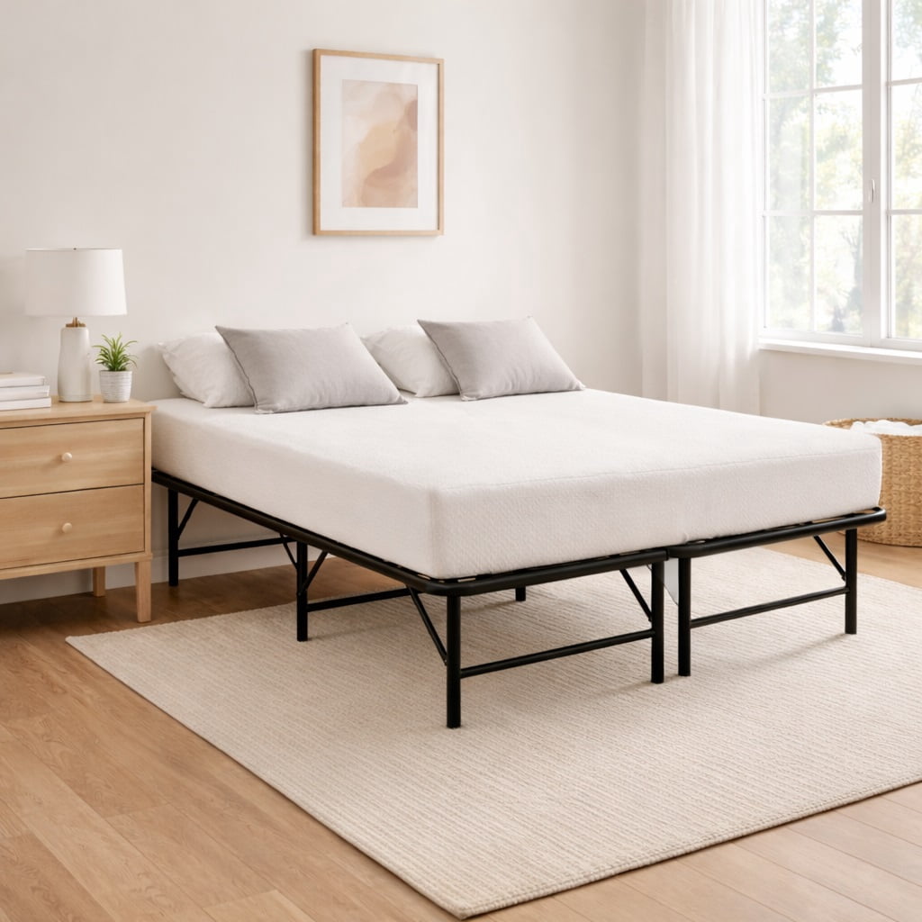 Continental Sleep, 14-Inch Foldable Metal Platform Bed Frame with Tool Free Setup, Sturdy Steel, No Box Spring Needed, Queen, Black