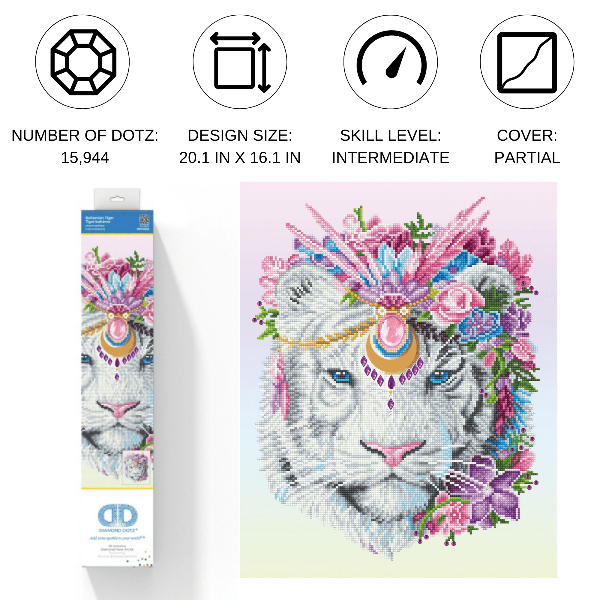 Diamond Dotz Bohemian Tiger Diamond Painting Kits for Adults - Diamond Art Kits a Relaxing Creative Craft Kit with Dotz Gems 20.1x16.1