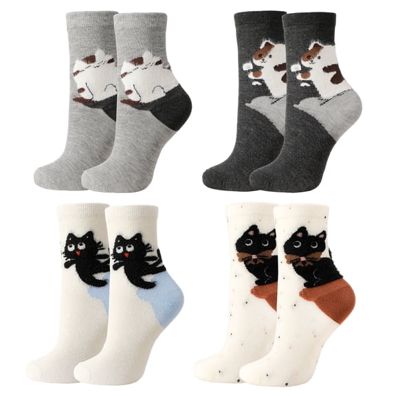 Bocaoying 4 Pack Cat Socks, Cute Animal Crew Socks, Soft Everyday Socks (White, Charcoal, Gray, Polka Dot), Symmetrical Kitty Pattern Cute Gifts for Women US Size 5.5-8